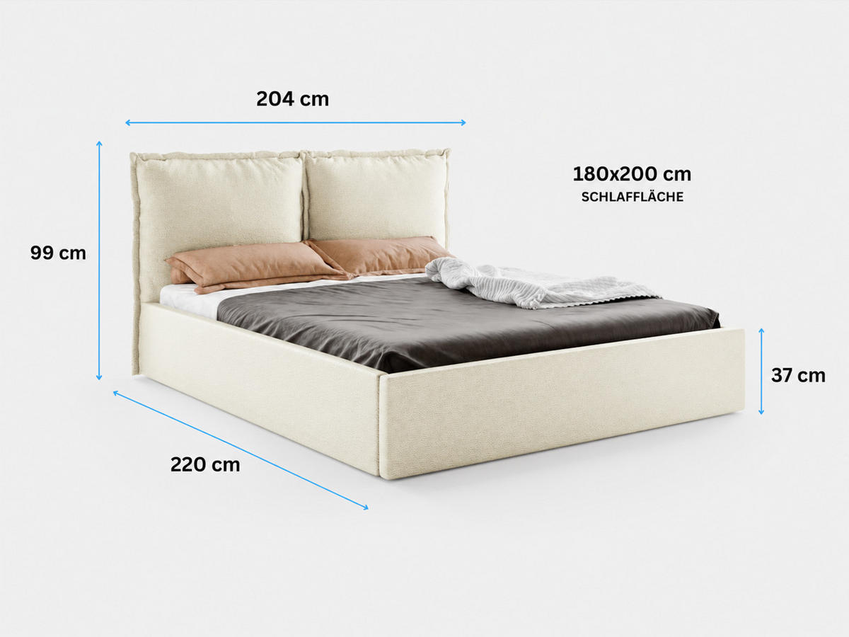 POLSTERBETT MIRA 180x200 cm mit Bettkasten, Stauraum und Metall-Lattenrost – VIBE Beige - Beige/Schwarz, Textil/Metall (180/200cm) - Luxkor24