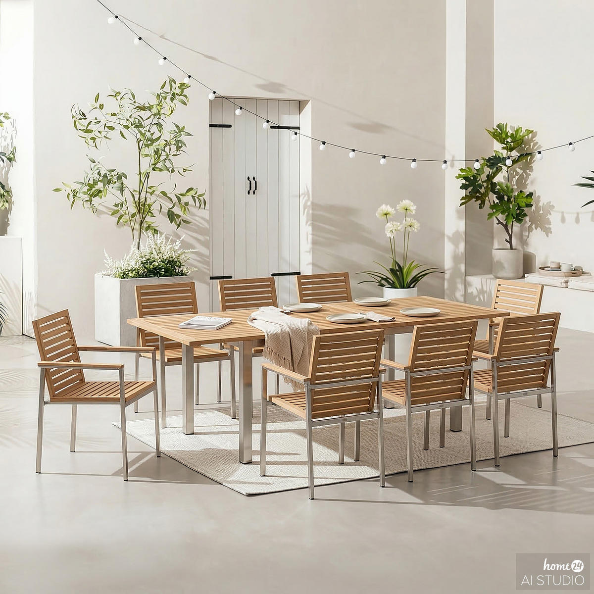 ESSGRUPPE - Teak massiv / Edelstahl - 9-teilig - Silberfarben/Braun, Holz/Metall - home24