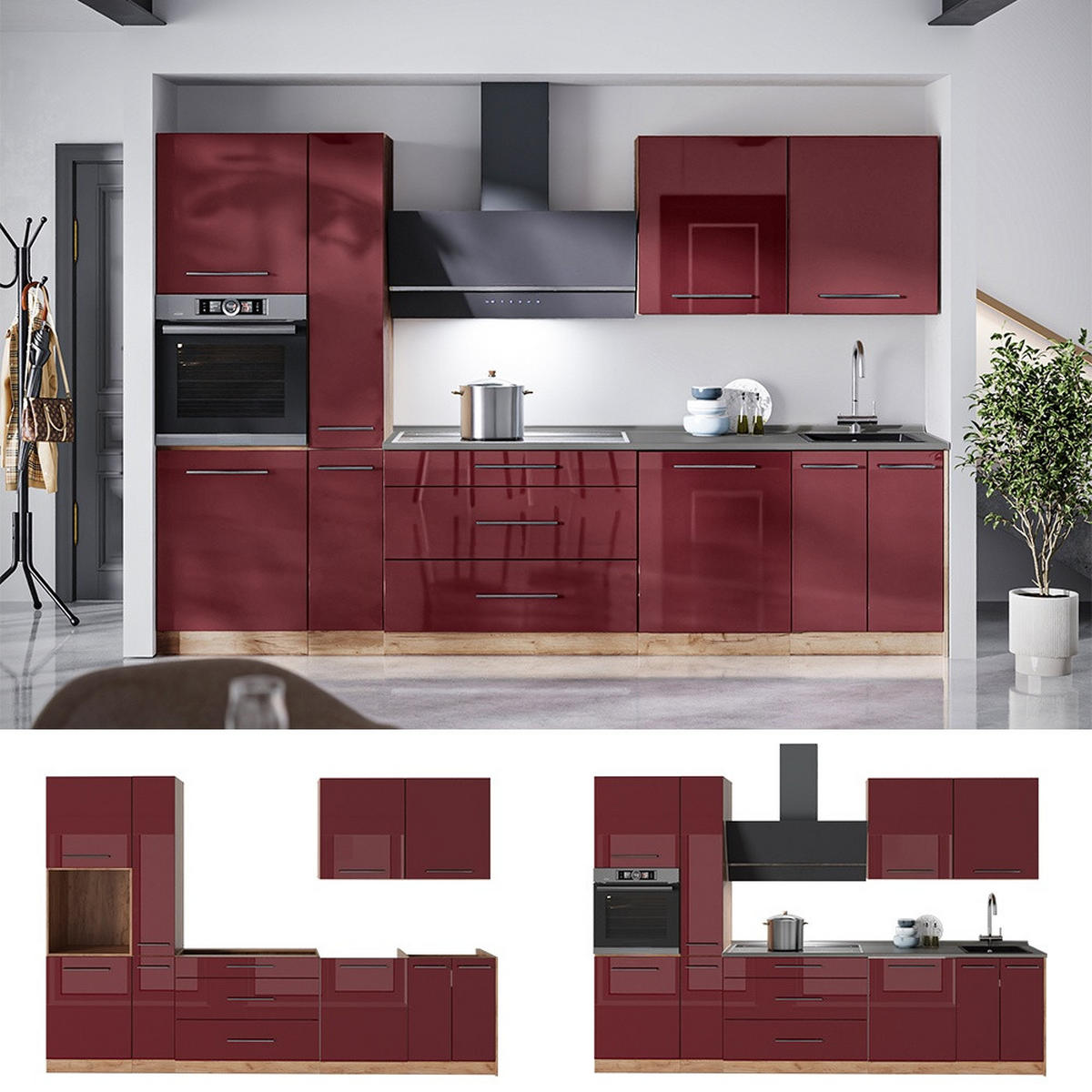 KÜCHENZEILE Fame-Line, Bordeaux Hochglanz/Goldkraft Eiche, 310 cm, AP Eiche - Honigeiche/Bordeaux, Holzwerkstoff (310/206.8/60cm) - Vicco