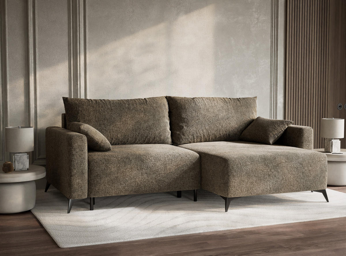 ECKSOFA MIT SCHLAFFUNKTION Leon Taupe Chenille-Stoff - Schwarz/Braun, Holz/Holzwerkstoff (239/148cm) - Maison de Reve