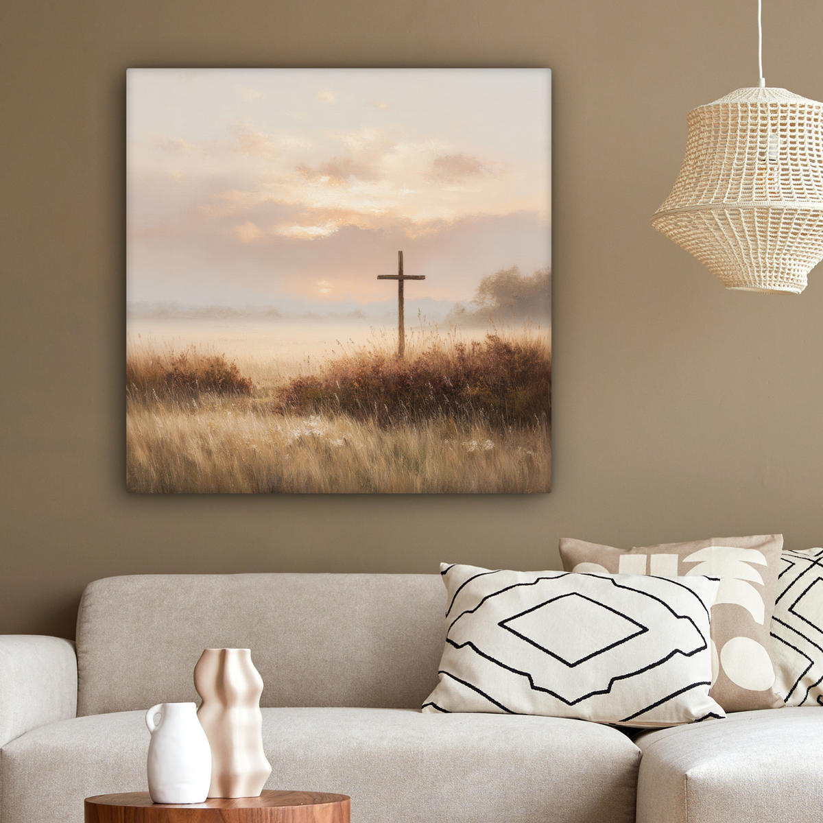 LEINWANDBILD Gras - Morgennebel - Kreuz - Christentum Deko Groß 90x90 cm - Beige, Textil (90/90cm) - MuchoWow