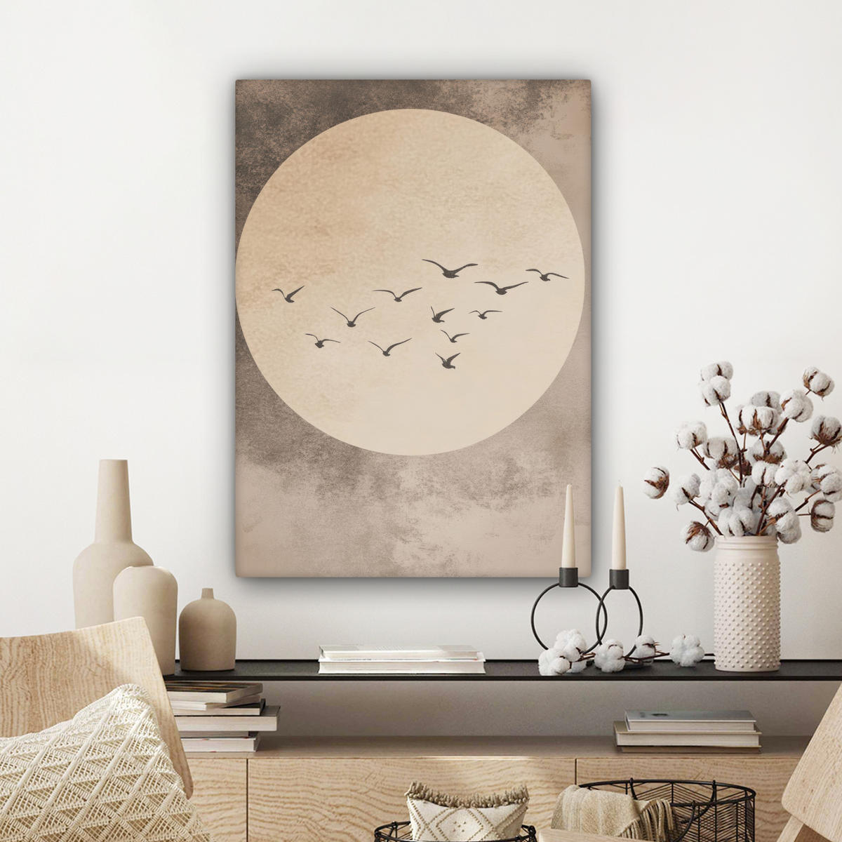 LEINWANDBILD Vogel - Beige - Japanisch Wandbild Wohnzimmer 60x80 cm - Taupe, Textil (60/80cm) - MuchoWow