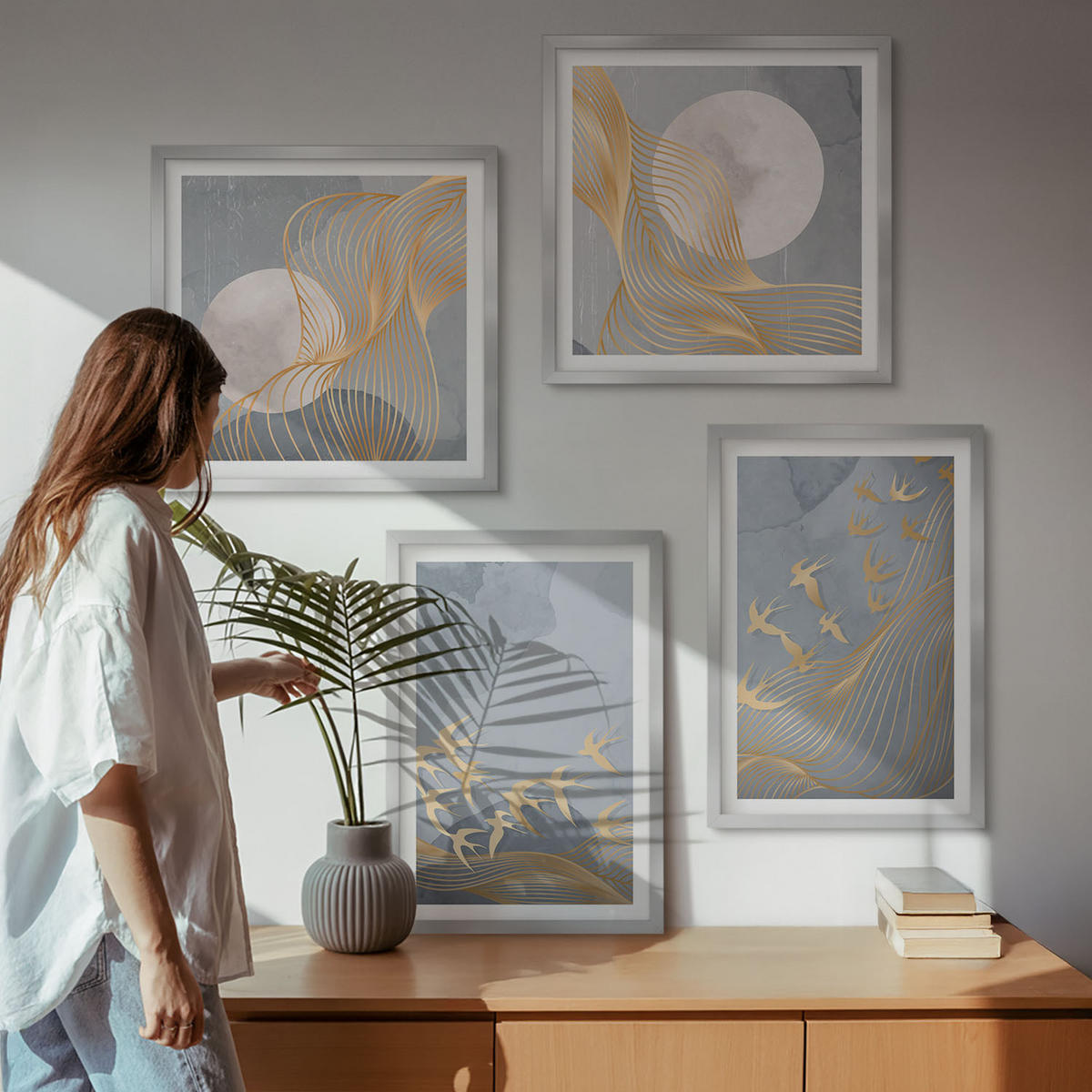 BILDER SET 4er Set - 50x50 cm & 40x60 cm Silberner Rahmen - Vögel im Flug, Himmel, Mond - Silberfarben, Kunststoff (50/50cm) - TULUP