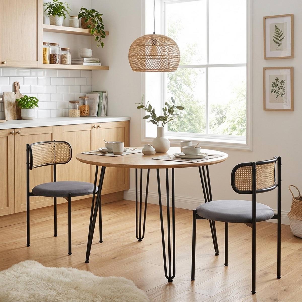 ESSZIMMERSTUHL 2er-Set Samt, Rattan-Rückenlehne, Metallbeine, Modern, Ergonomisch, Grau - Grau, Naturmaterialien/Textil (51/75/55cm) - Urban Meuble