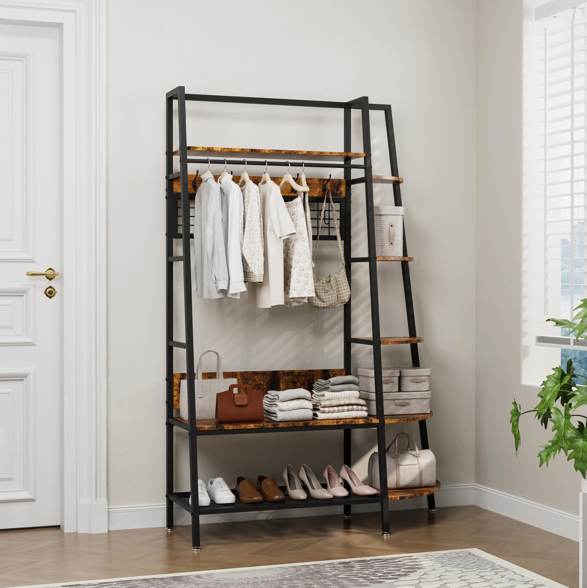 GARDEROBENSTÄNDER mit 3 Ablagen Metall/Holzoptik Black+Brown - Schwarz, Holzwerkstoff (43.4/182.6/123.4cm) - Beauniv