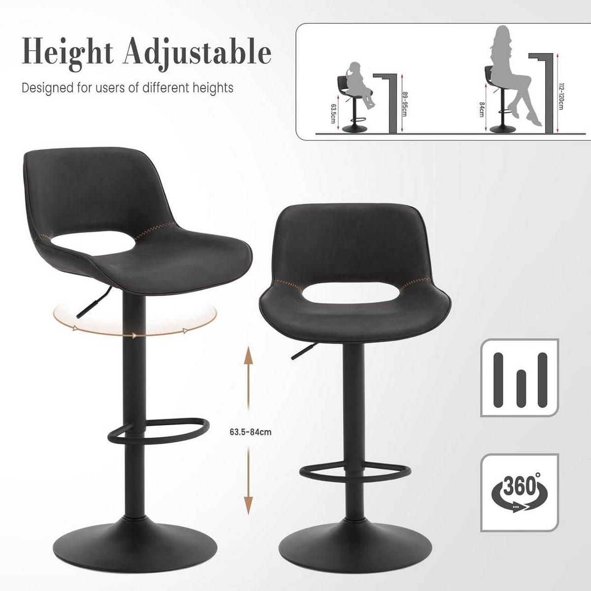BARHOCKER 4er Set, Kunstleder Metall, Anthrazit - Anthrazit/Schwarz, Kunststoff/Metall (49/84/49cm) - Woltu