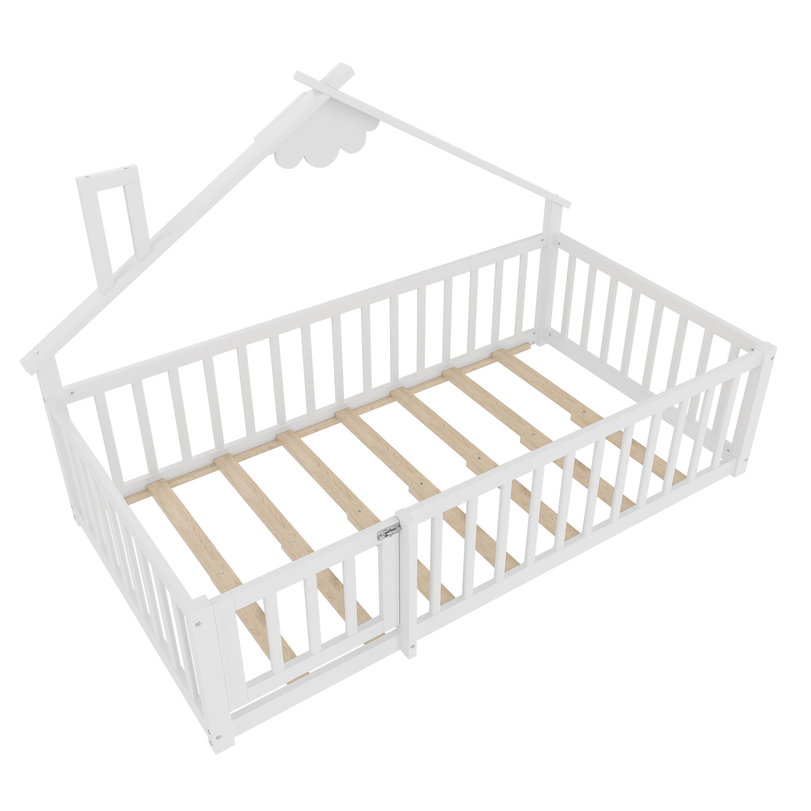 HAUSBETT 90/190 cm DE-03288, mit Geländer und Schloss, in Weiß - Weiß, Holz/Holzwerkstoff (90/190cm) - ComfortXL