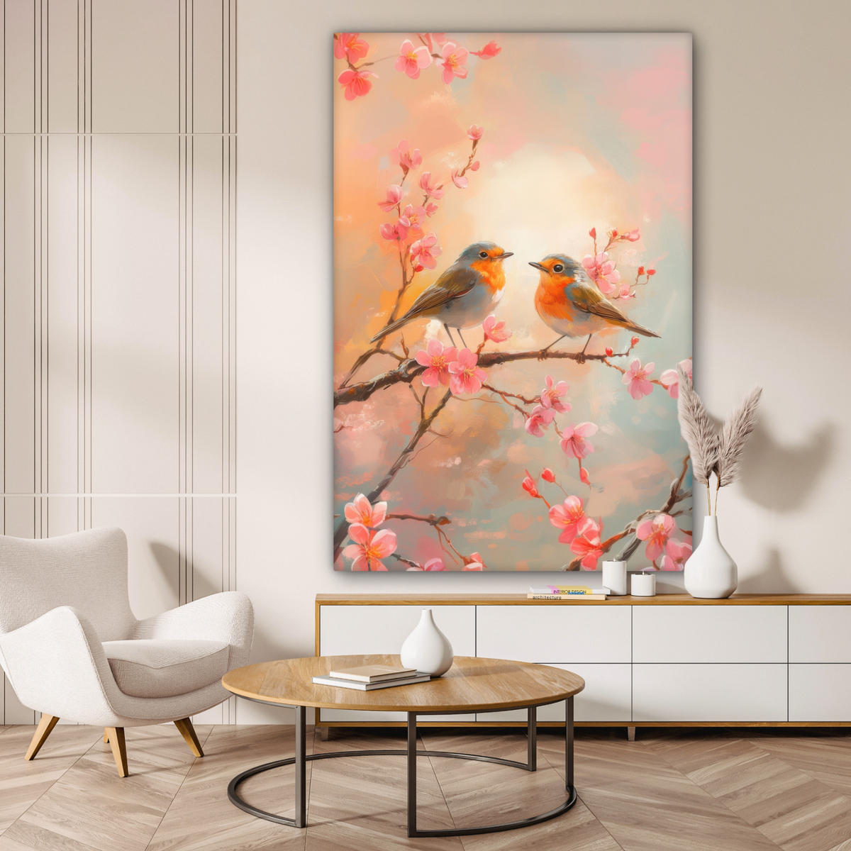 LEINWANDBILD Rotkehlchen - Zierpflanze - Blütenzweig 90x140 cm - Hellrosa, Textil (90/140cm) - MuchoWow