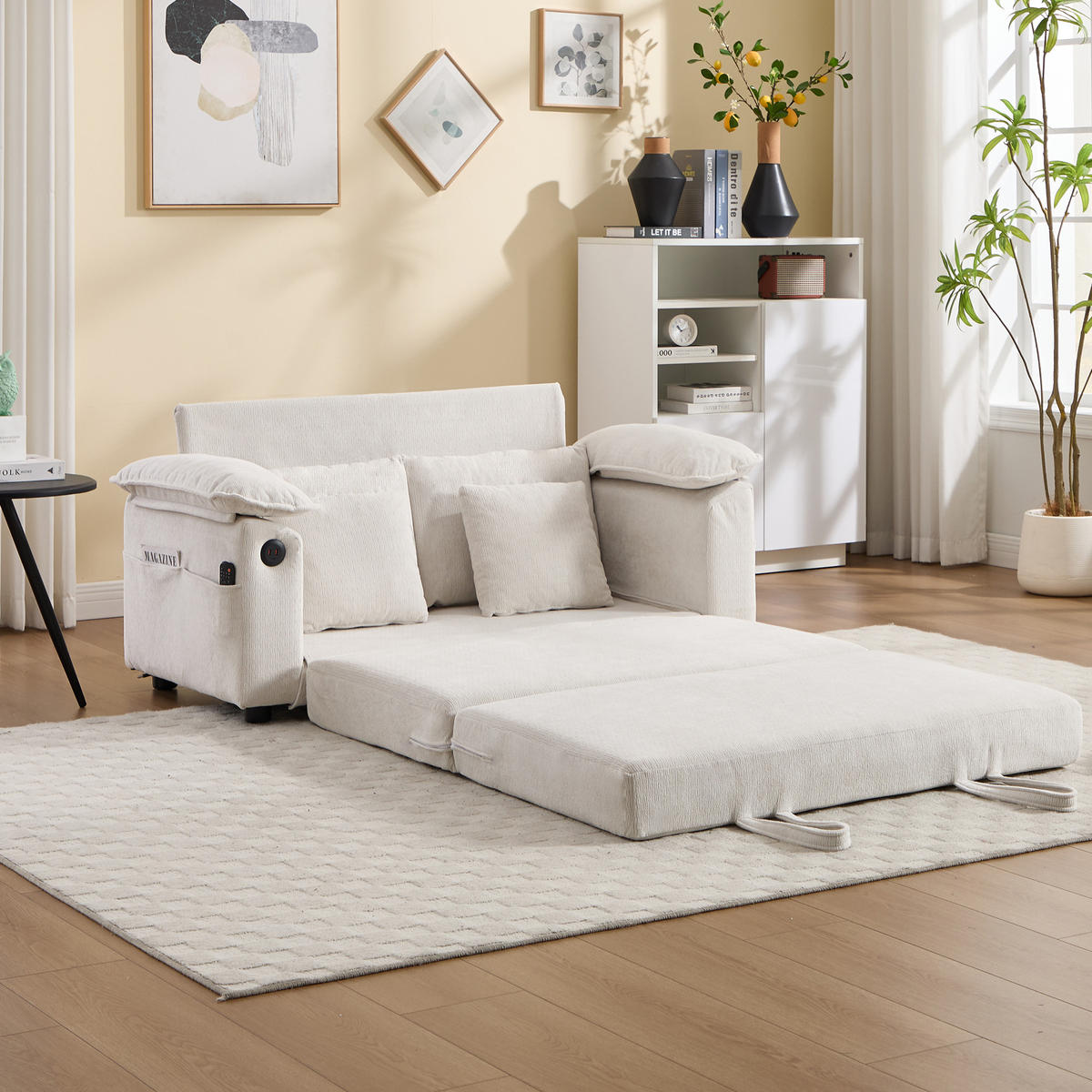 SCHLAFSOFA 138/66/80 cm Weiß Chenille mit Ausziehbares Bett und Seitentaschen - Weiß, Textil (66/80/135cm) - Oxeza
