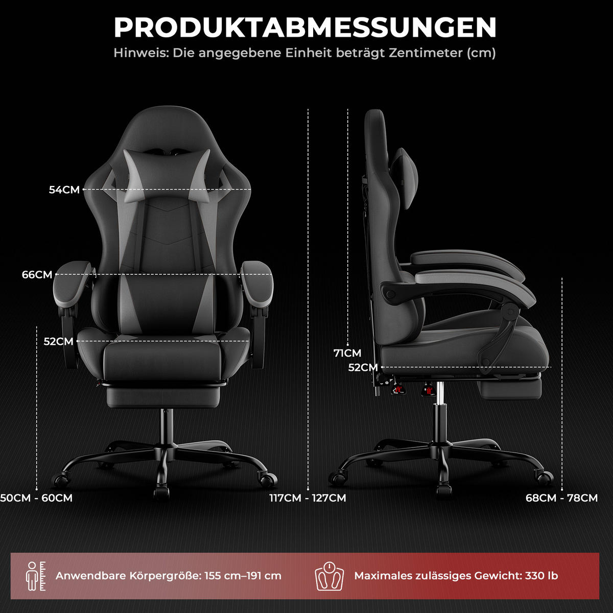 GAMING-STUHL ergonomisch höhenverstellbar PVC Black Gray - Schwarz, Kunststoff (63/120.5/58.5cm) - Meubliv