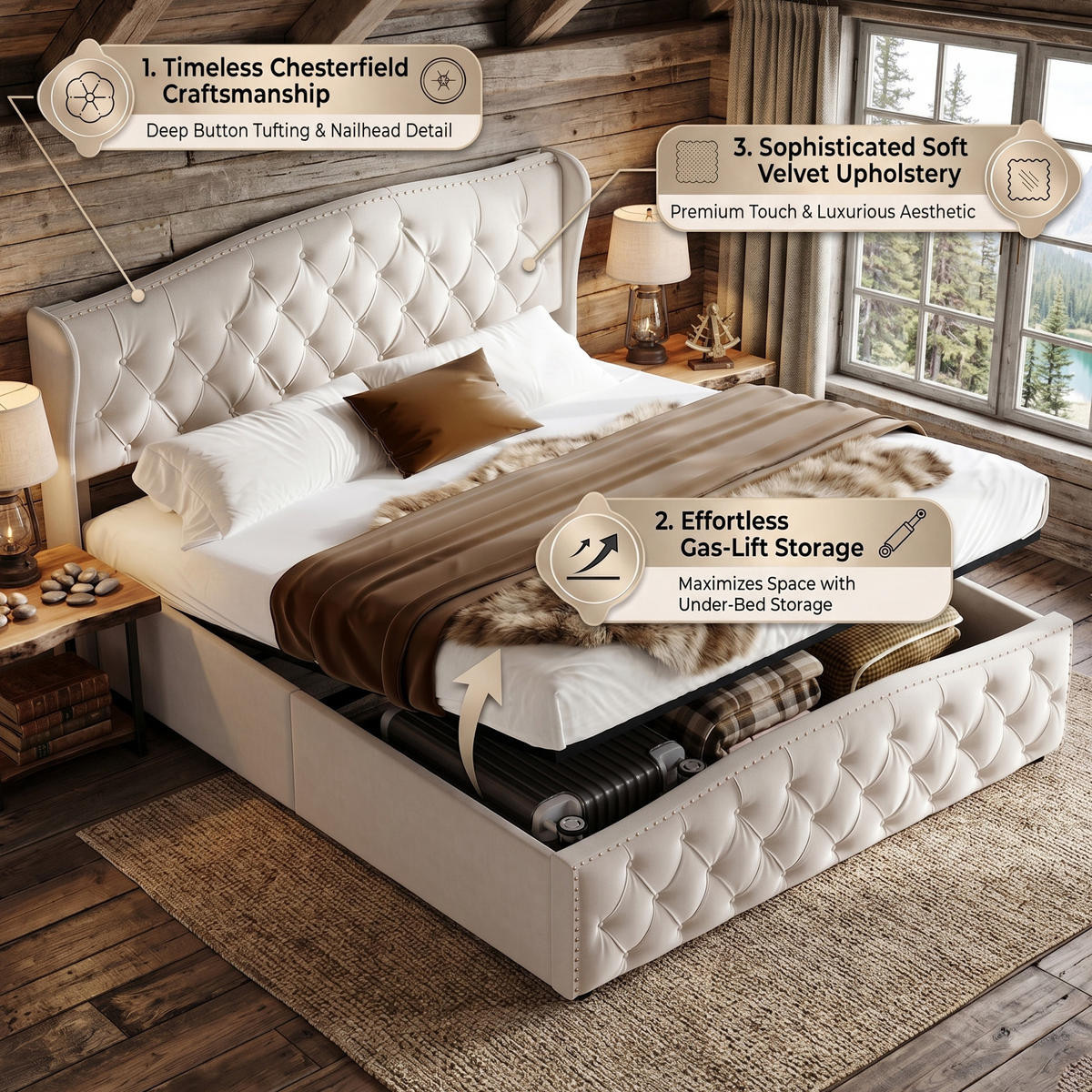 POLSTERBETT Wave-Design 160/200 cm mit Bettkasten & Nietendekor Samtstoff Beige - Beige, Textil (160/200cm) - Creahappy