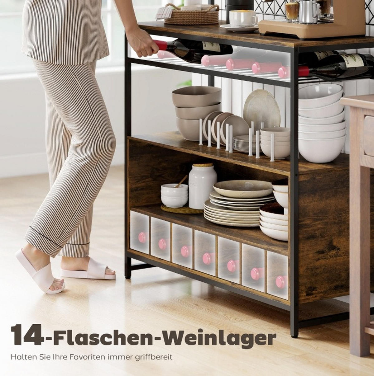 BUFFET aus Holz und Metall 96,5/38/165 cm Braun-Schwarz mit Arbeitsfläche, Weinregal und 5 Haken - Braun, Holzwerkstoff (96.5/165/38cm) - Modfu