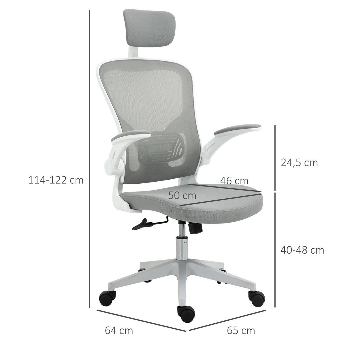 DREHSTUHL 65/64/114-122 cm, ergonomisch mit Kopfstütze und Netzrücken, grau - Grau, Kunststoff (64/122/65cm) - Redom