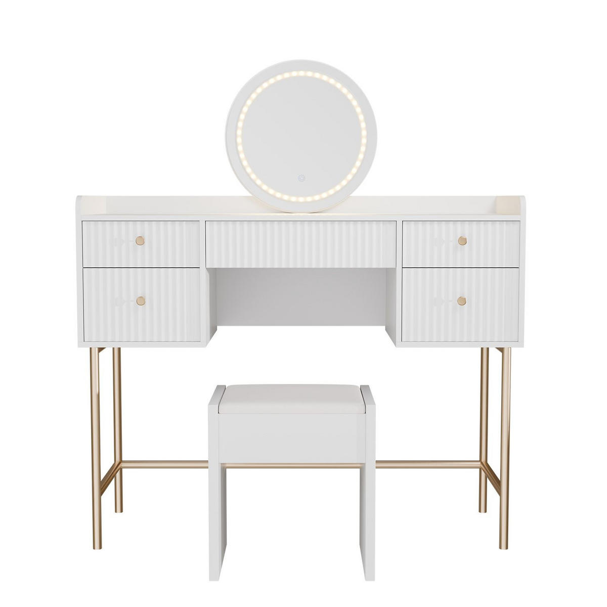 SCHMINKTISCH Samira weiß/gold mit Touch-LED-Spiegel und Hocker Melly - Weiß, Holz (115/137/40cm) - Juskys