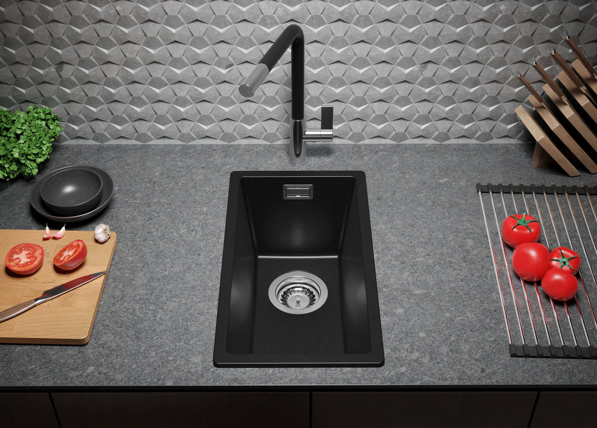 SPÜLBECKEN London Slim, 2-er set Schwarz 26/47 cm 1 Becken + Ablauf-Set ab 30er Unterschrank - Chromfarben/Schwarz, Kunststoff (26/20/47cm) - Primagran