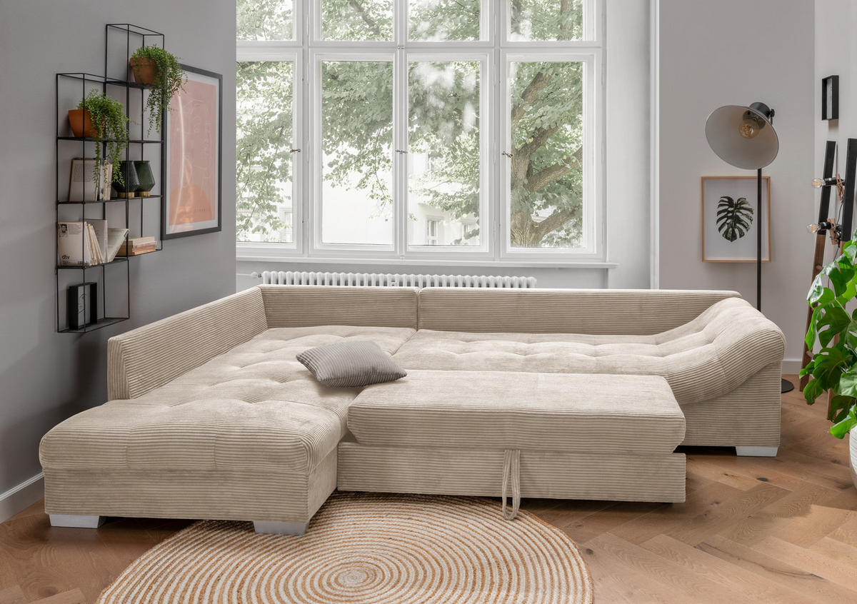 ECKSOFA mit Schlaffunktion, Wellenunterfederung, Ottomane links B298/T202/H84 cm, Liegefl. 154x227 cm, Cord Beige / 17204 - Beige/Silberfarben, Holz/Textil (298/202cm) - luma-home