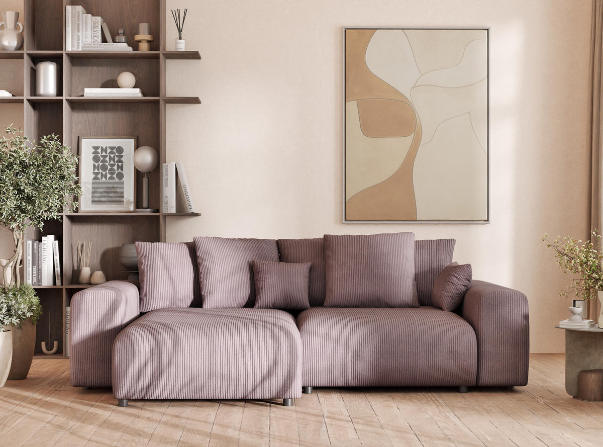 ECKSOFA MIT SCHLAFFUNKTION Solo Lila Samtstoff - Flieder/Schwarz, Holz/Holzwerkstoff (255/168cm) - Maison de Reve