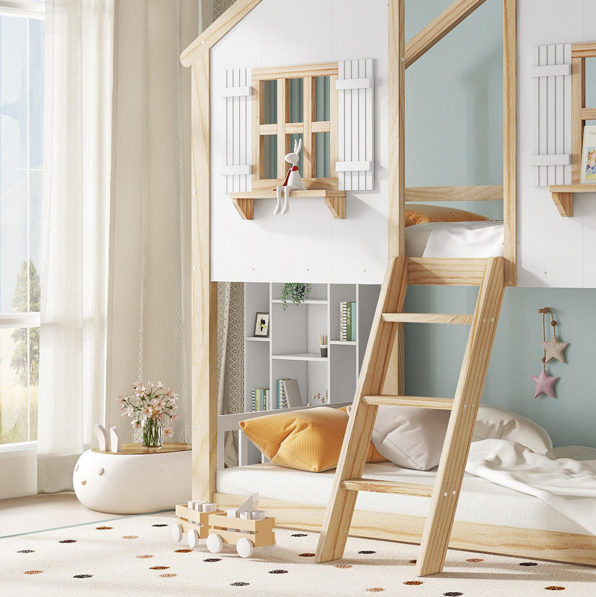 DOMČEKOVÁ posteľ, 90/200 cm masívne drevo + MDF biela/prírodná so strieškou a okienkami - biela, kompozitné drevo (90/200cm) - BEAOK