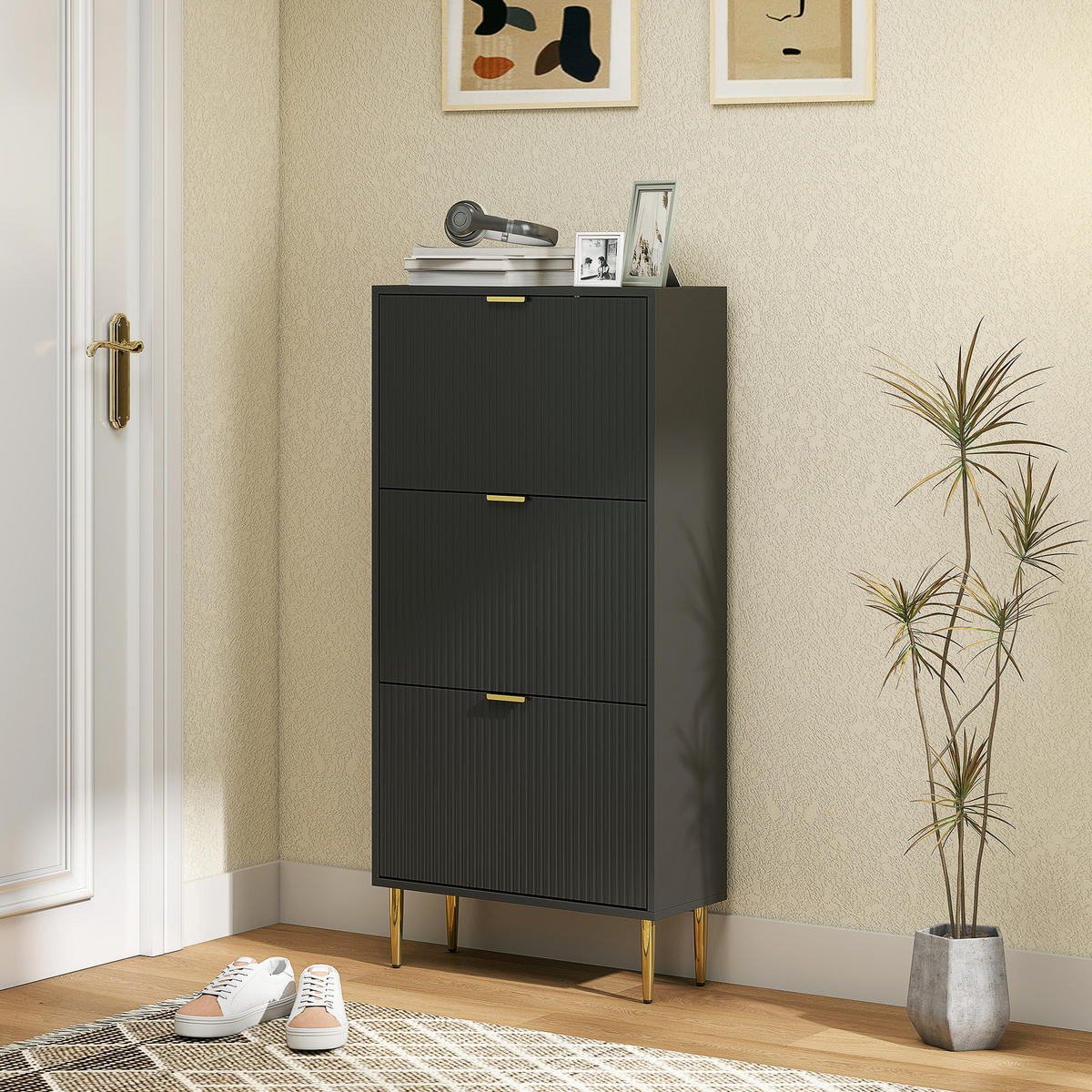 SCHUHSCHRANK Schwarz MDF und Stahl klappbar mit 3 Fächern 1 Stück - Schwarz, Holzwerkstoff (60/128/24cm) - PANGIVO