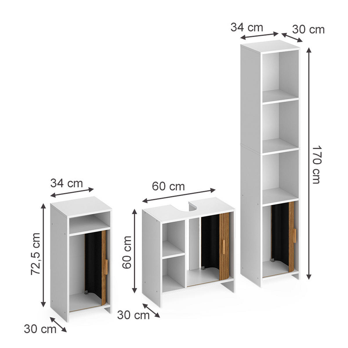 BADMÖBEL-SET Norea, Eiche/Weiß, 3-teilig - Eichefarben/Weiß, Holzwerkstoff (60/60/30cm) - Vicco
