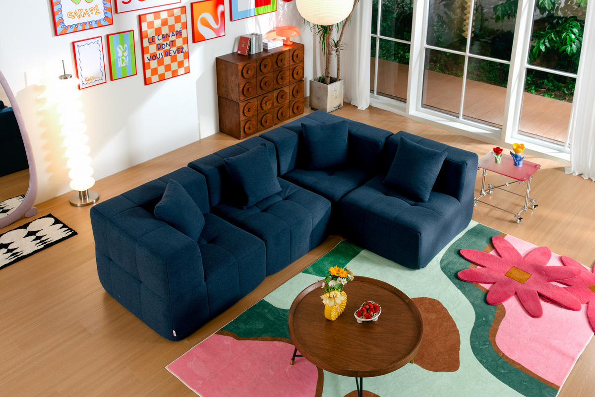 ROHOVÁ sedačka bouclé tkanina tmavomodrá - modrá, textil (260/175cm) - MILYsofa