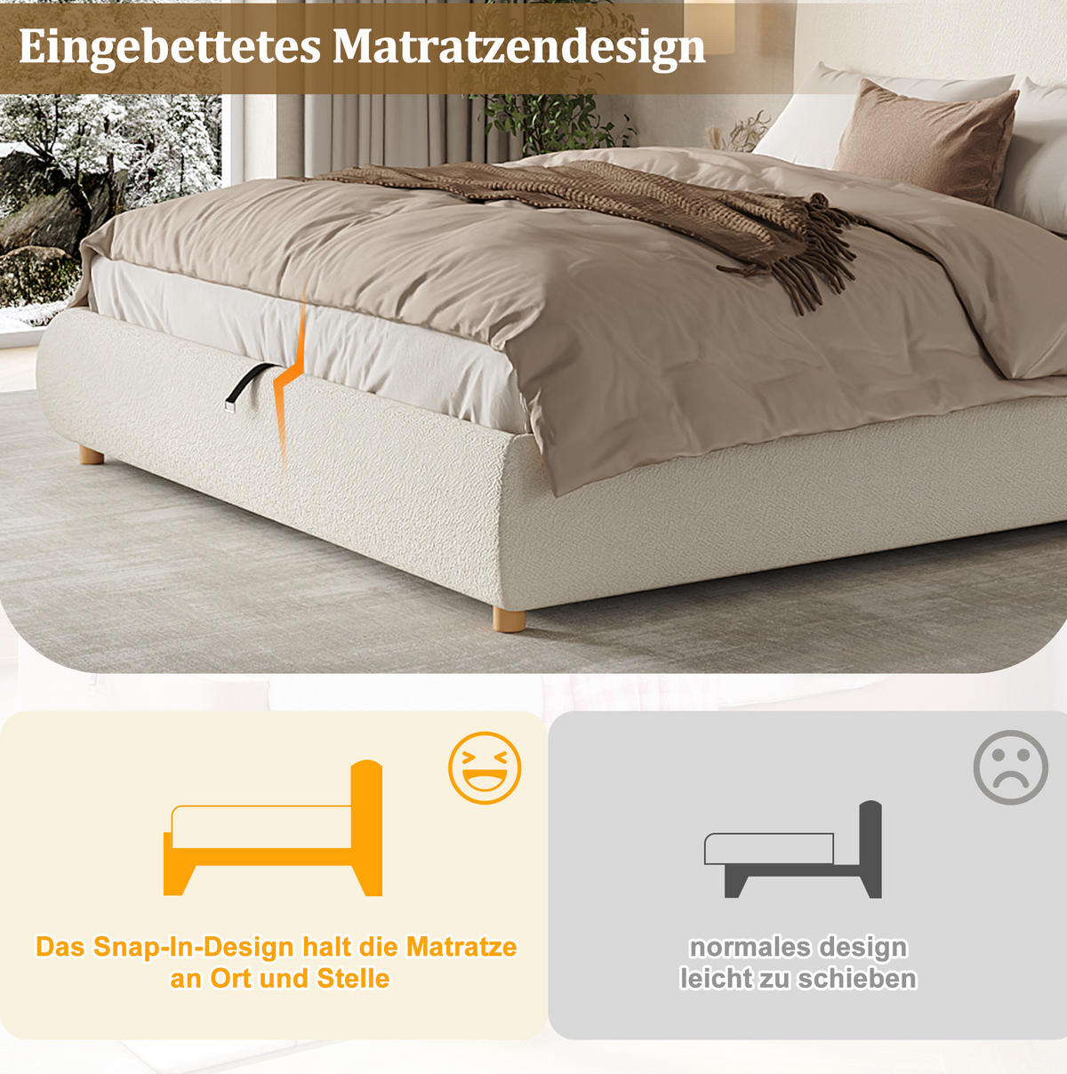 POLSTERBETT 180/200 cm weiß aus Bouclé mit Stauraum und Lattenrost - Weiß, Holzwerkstoff (180/200cm) - OKWISH