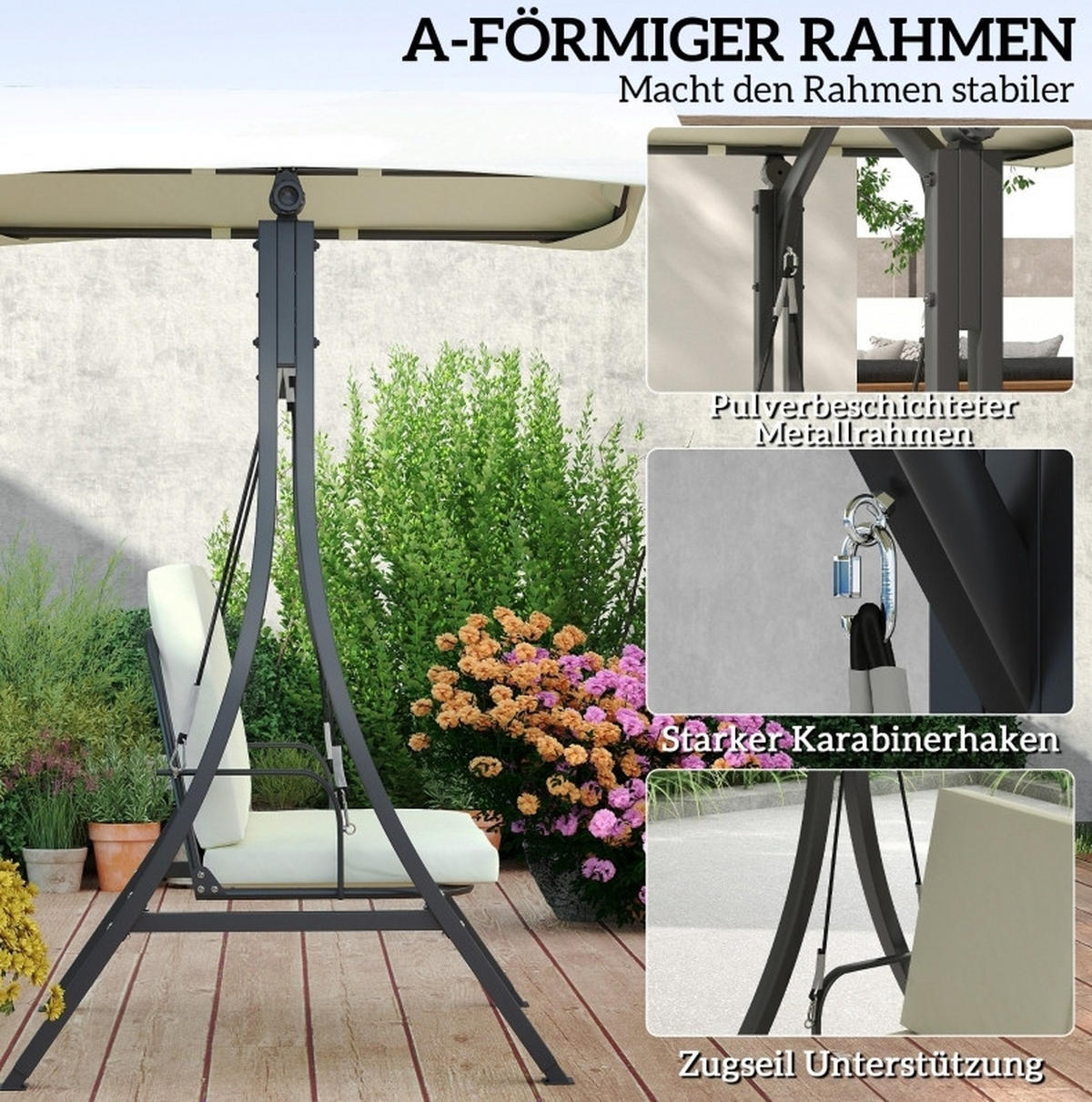 HOLLYWOODSCHAUKEL 150/120/182 cm mit verstellbarem Sonnendach, gepolsterter 2-Sitzer und UV-Schutz, Cremeweiß - Beige, Textil (120/182/150cm) - Redom