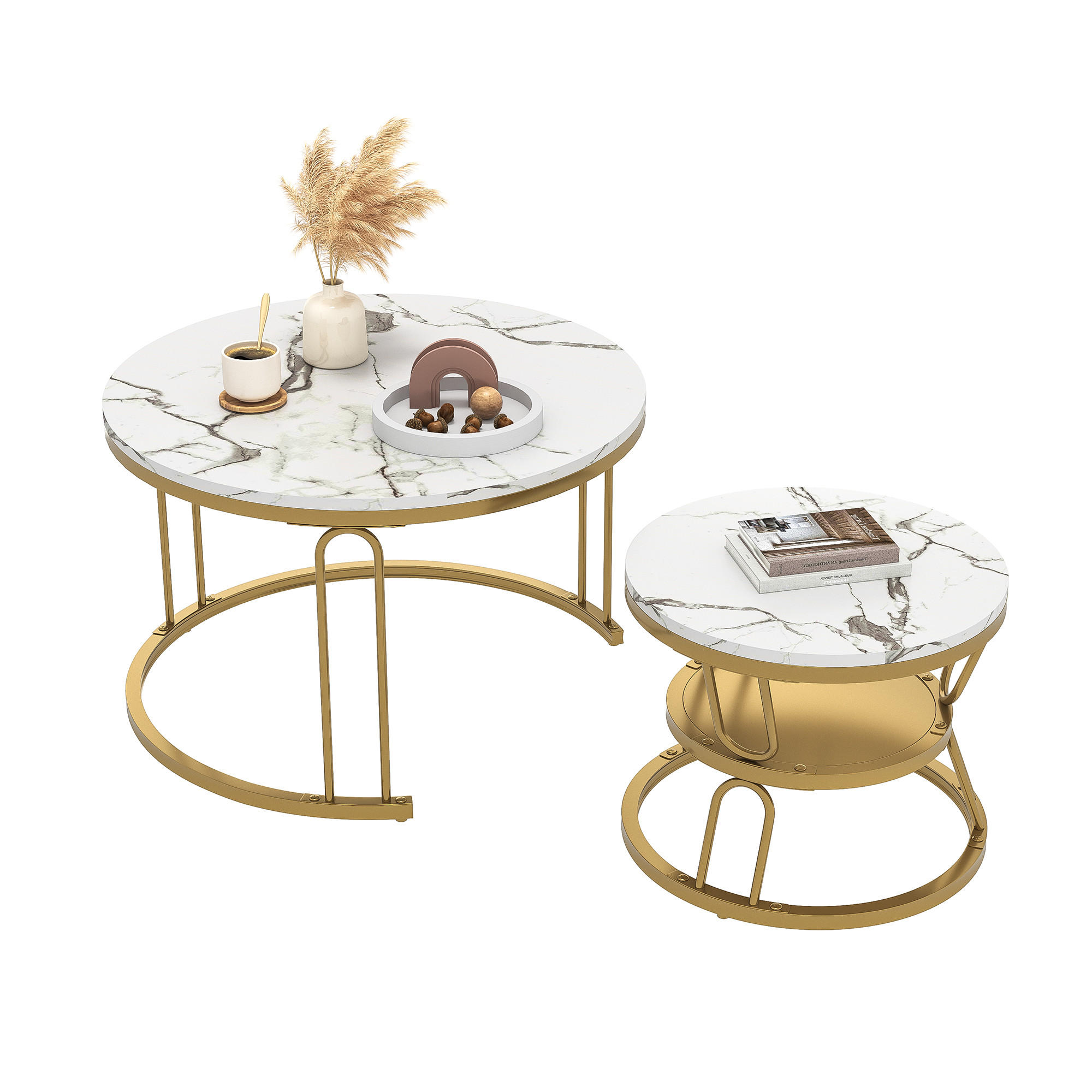 COUCHTISCH 2er Set rund schiebbar Marmoroptik Metall gold weiß - Weiß, Holz (45/70/44.2cm) - LEBENLANG