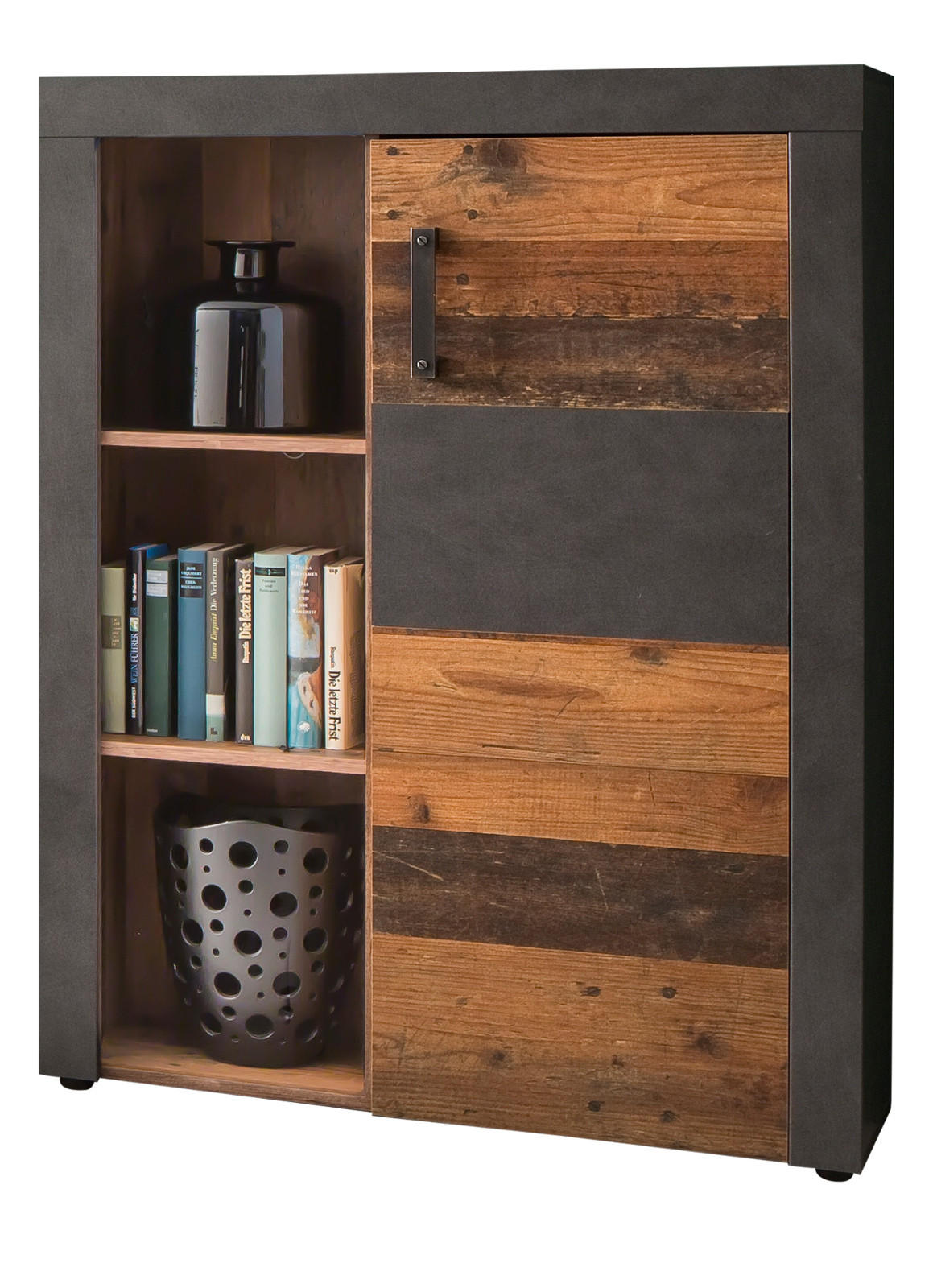 HIGHBOARD Used Wood Altholz Design mit Grau, Vitrine mit LED Beleuchtung - Silberfarben/Schwarz, Glas/Holzwerkstoff (87/118/34cm) - Top.Furn