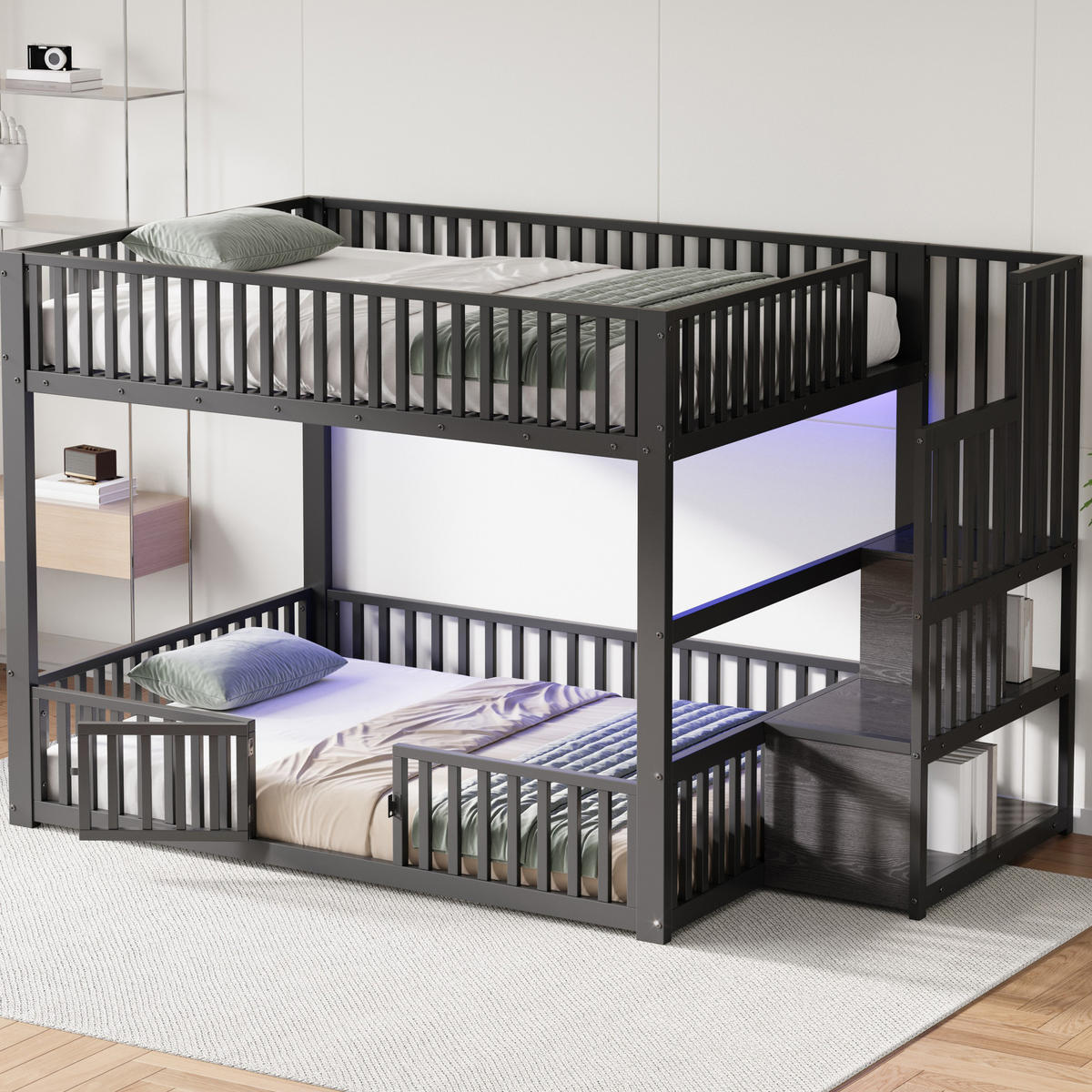 ETAGENBETT 140/200 cm aus Metall und MDF mit LED-Beleuchtung und Stauraumleiter Schwarz - Schwarz, Holzwerkstoff (140/200cm) - Modenvie