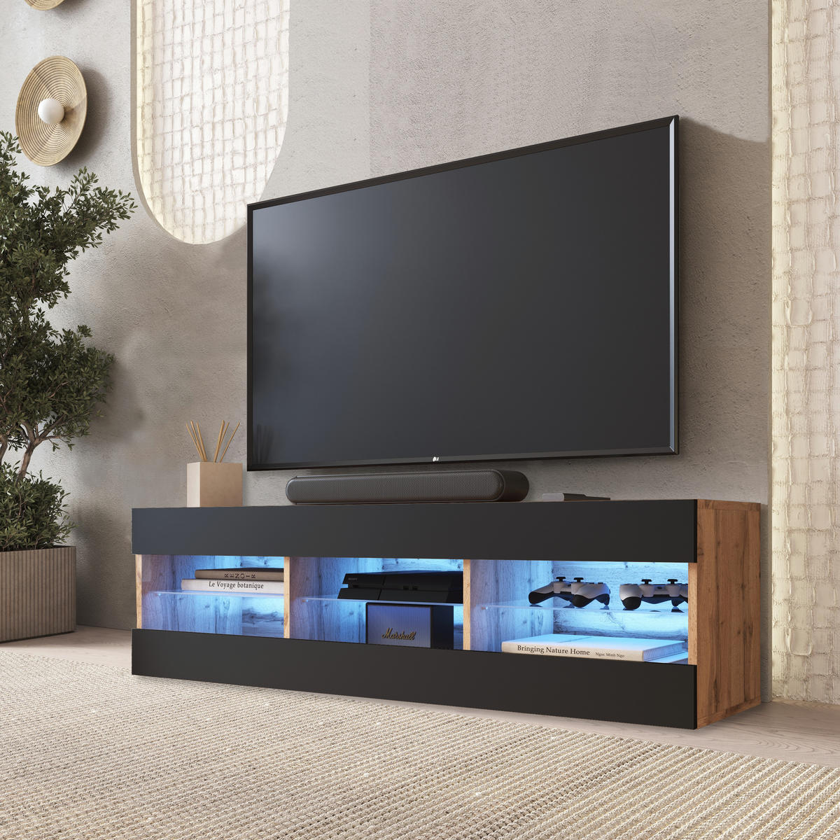 LOWBOARD TIVOLI RTV 140, Schwarz, LED Blau - Eiche Wotan/Schwarz, Glas/Holzwerkstoff (140/40.5/35.5cm) - Komodee