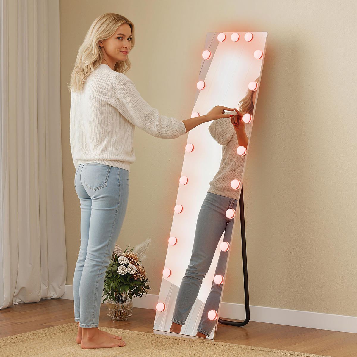 GANZKÖRPERSPIEGEL 150x40 cm RGB-LED Standspiegel mit 21 Glühbirnen 7 Lichtfarbe - Transparent, Glas (5.7/150/40cm) - HOMCOM