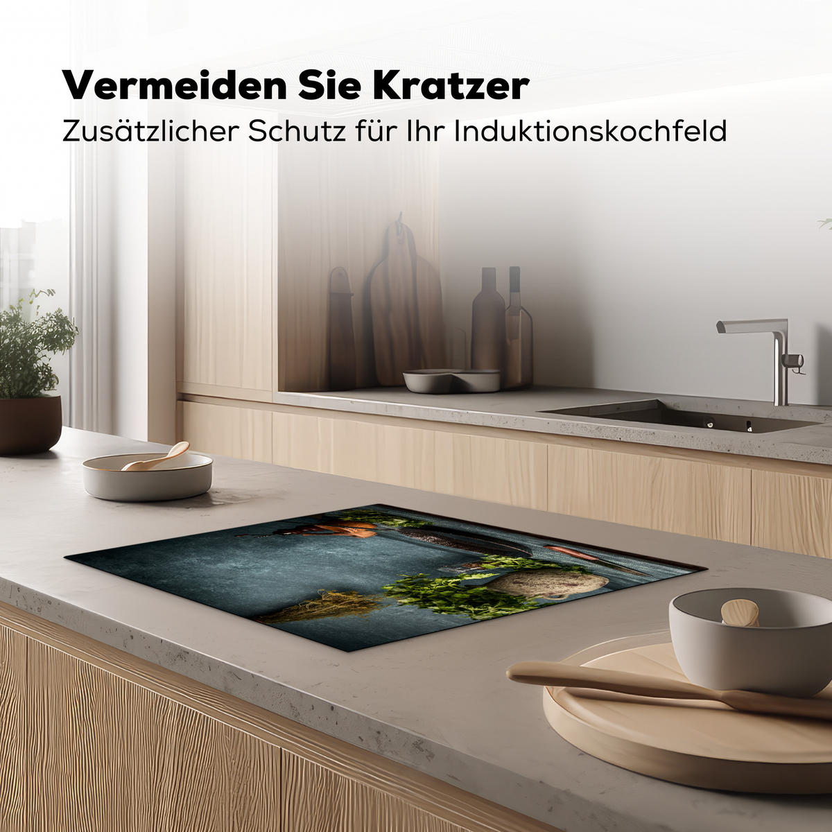 HERDABDECKPLATTE Kräuter - Gewürze - Pfanne - Messer - Grau - Rustikal 65x52 cm - Petrol, Kunststoff (65/0.2/52cm) - MuchoWow