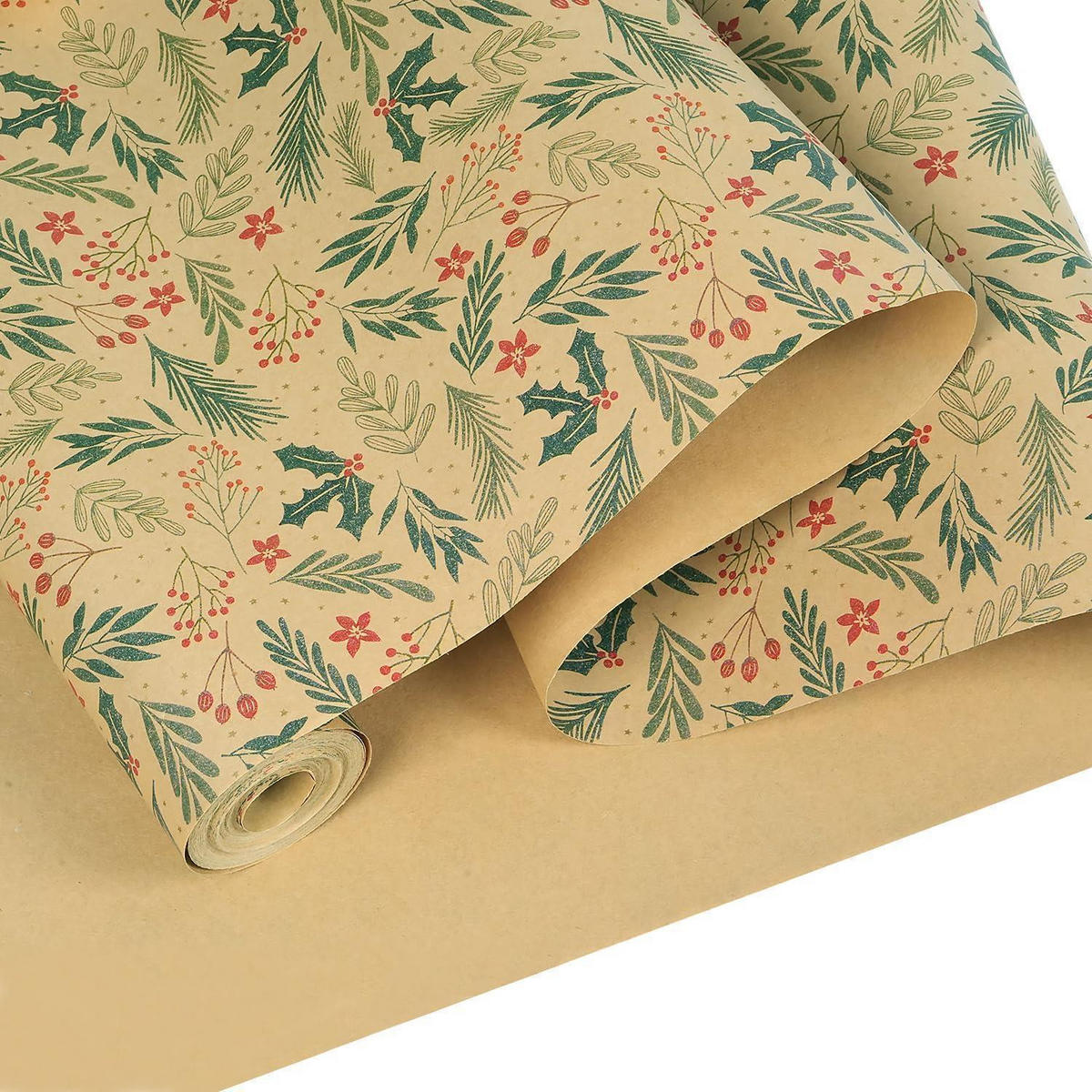 GESCHENKPAPIER Rolle 43 cm x 15 m Braun Grün Rot Tannenzweigmuster - Multicolor, Papier (43/1/1500cm)