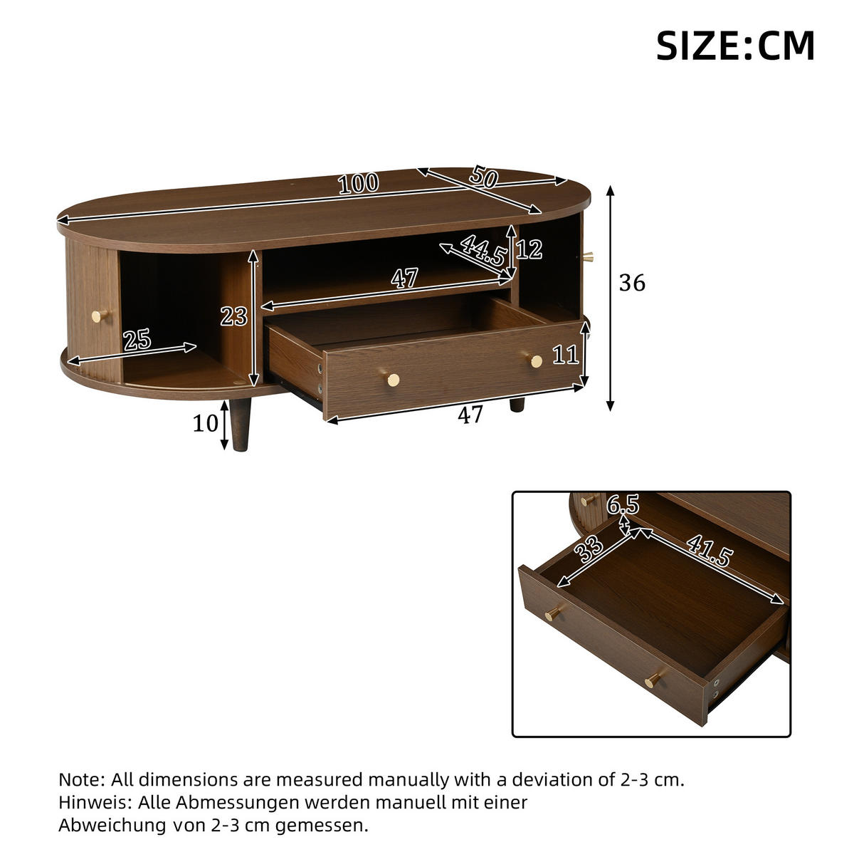 COUCHTISCH oval 100 x 50 x 36 cm MDF Walnuss mit Schublade und Rolltür - Braun, Holz (100/50/36cm) - Meubliv