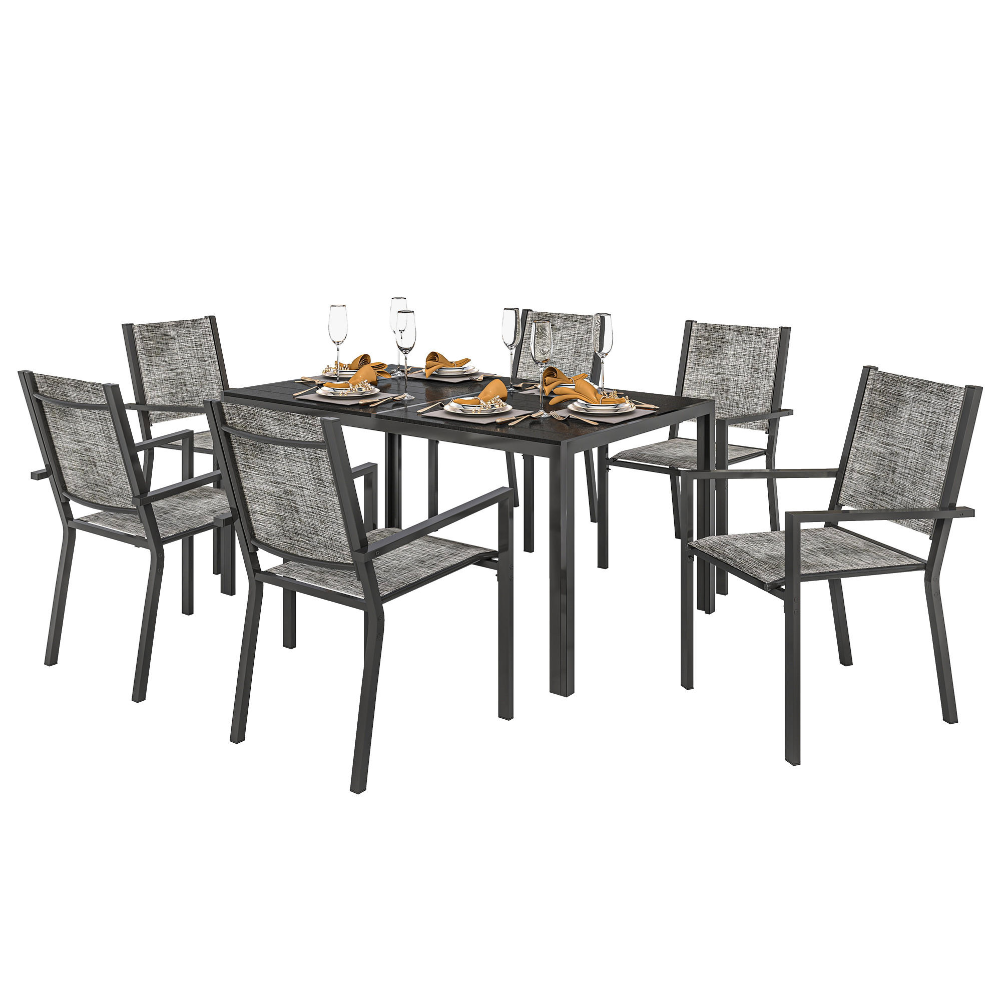 GARTENTISCHGRUPPE DE-18102 150 cm Tisch mit Lattenplatte, 6 Stühle Schwarz - Schwarz, Metall - ComfortXL