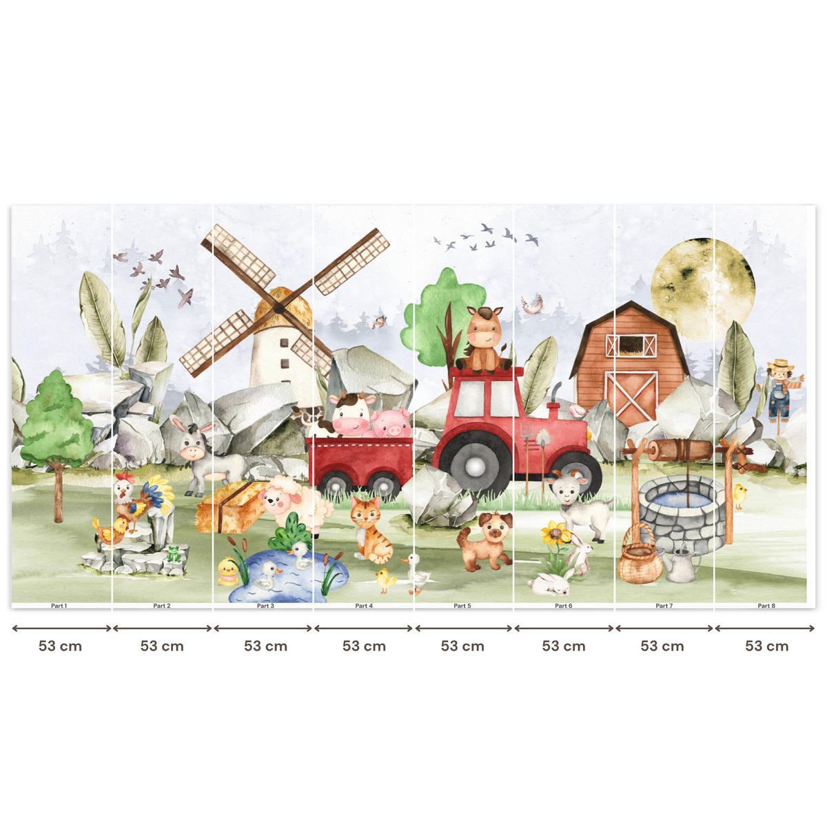 KINDERTAPETE - Bauernhof - Traktor - Kinder - Tiere - 400x200 cm - Weiß, Papier (400/200cm) - OnlyWow