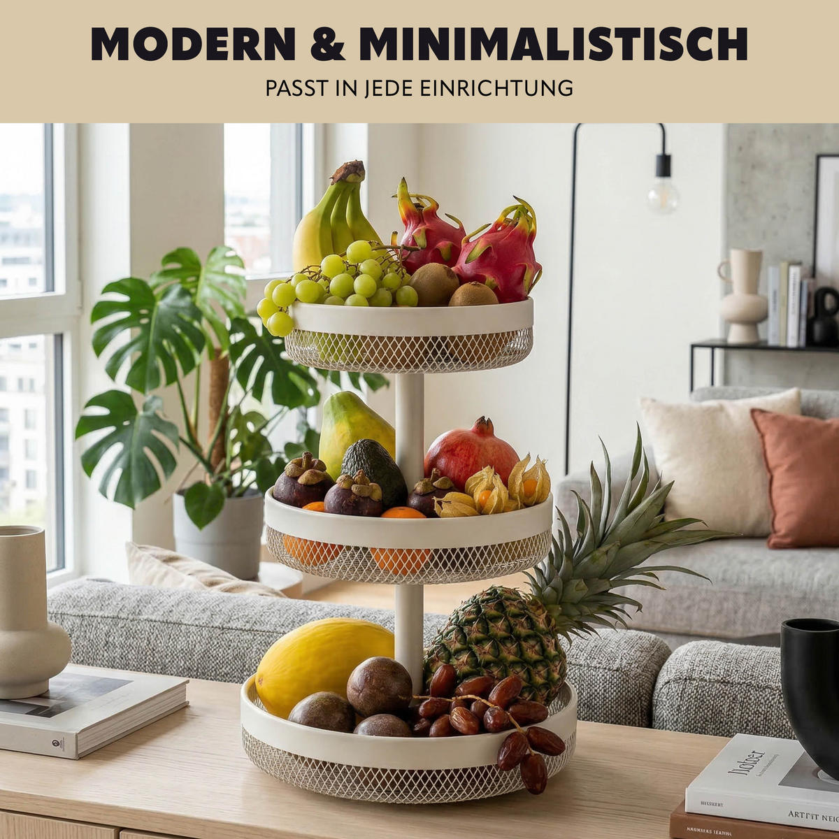 OBSTETAGERE rund, 3-stöckig, Ø 20 cm, 25 cm und 30 cm, beige, Metall - Beige, Metall (30/42cm) - eluno