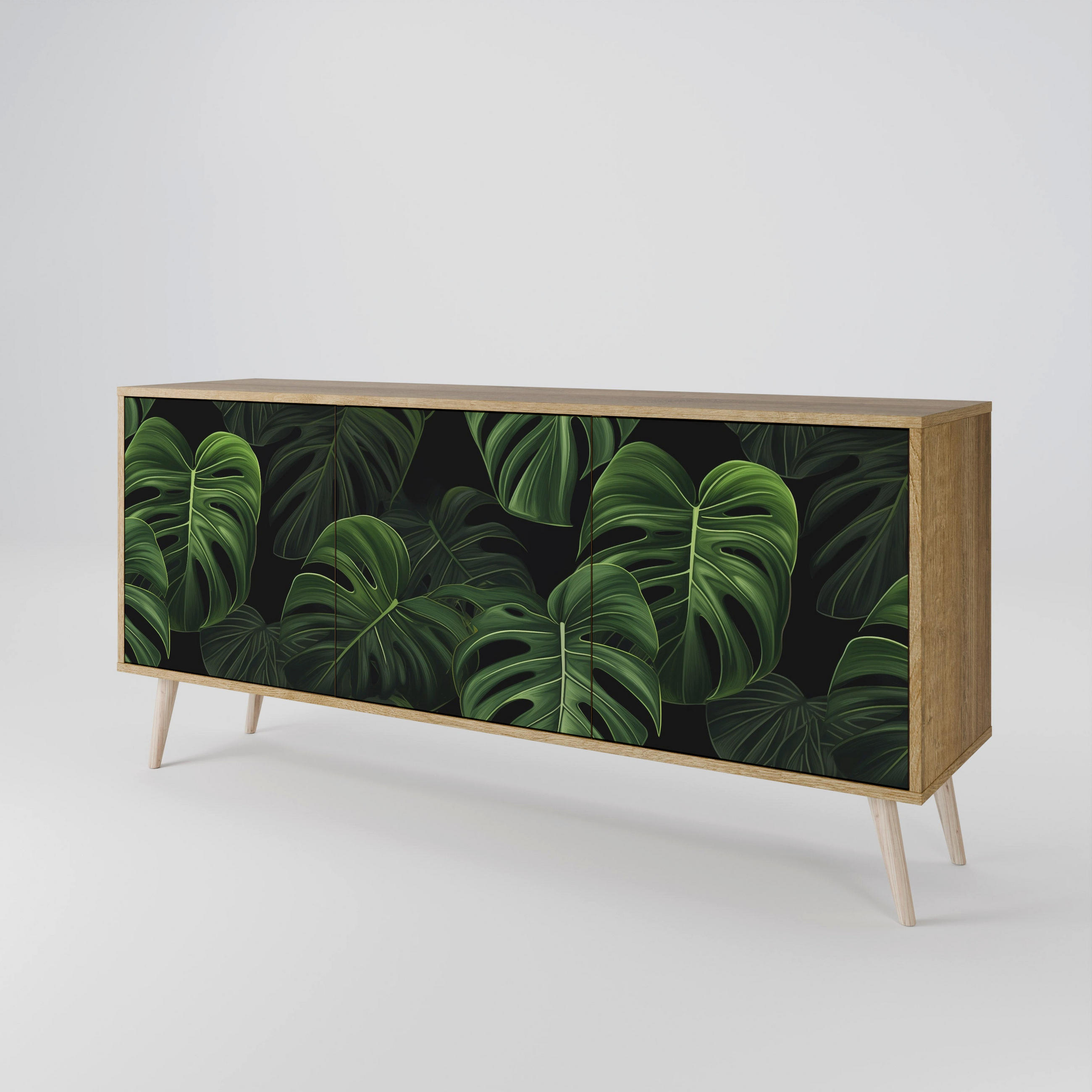 SIDEBOARD INFINITE MONSTERA, Eicheneffekt, 164,5x42x77,5 cm, 3 Türen - Eichefarben/Buchefarben, Holzwerkstoff/Buchenholz (164.5/77.5/42cm) - SpaceRebels