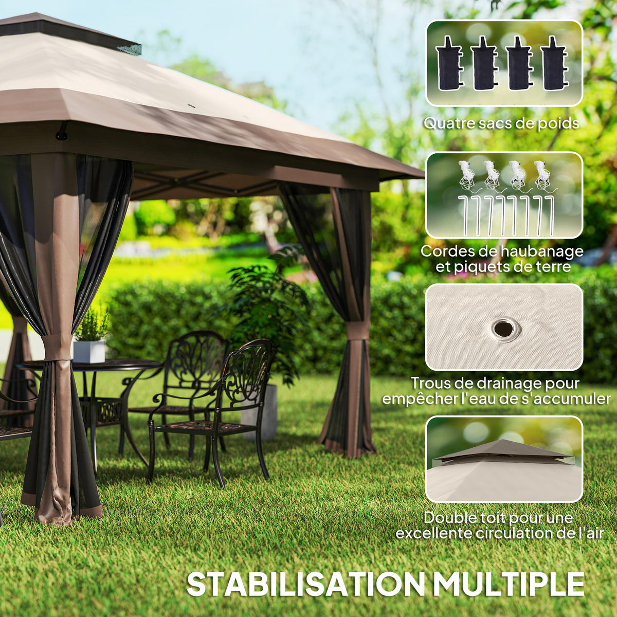 PAVILLON DE-13956 Pop-up 4/4 m, Doppeldach, UV50+, 4 Moskitonetze Beige - Beige, Textil (392/283/392cm) - ComfortXL