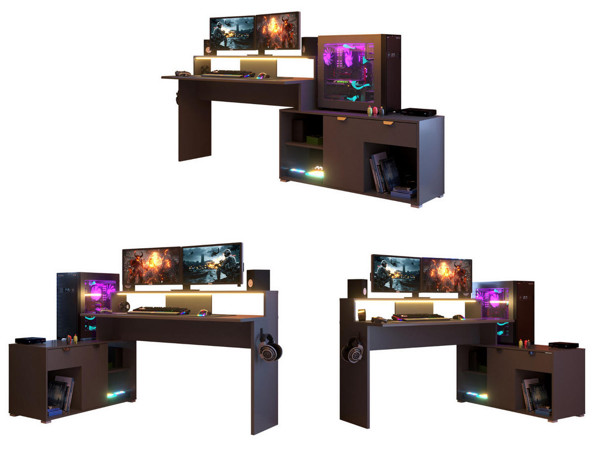 SCHREIBTISCHKOMBINATION schwarz, grau, Set Gamingtisch und 2x Regal inklusive LED mit Farbwechsel - Schwarz/Grau, Holzwerkstoff/Kunststoff (180/229/180cm) - Parisot Meuble