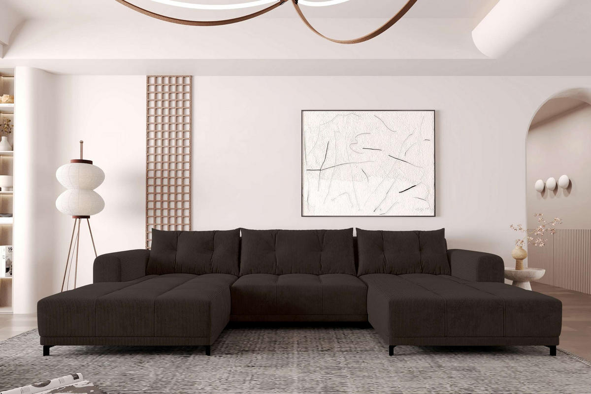 WOHNLANDSCHAFT Massimo Cordstoff Braun inkl. Schlaffunktion - Schwarz/Braun, Textil/Metall (356/94/181cm) - 99rooms