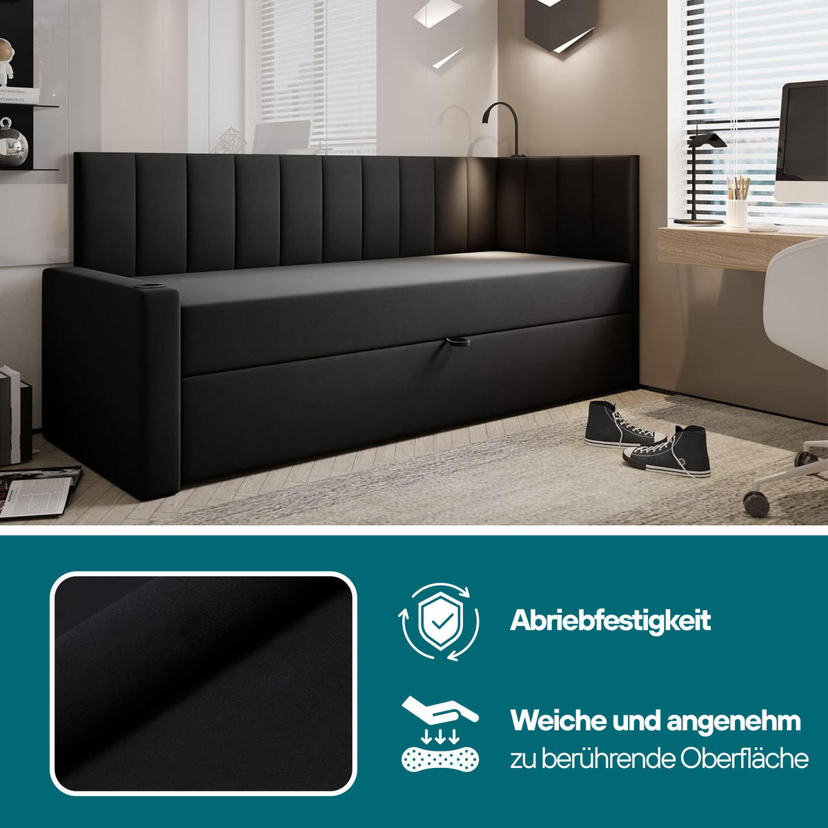 JUGENDBETT, 80 x 200 cm, Tokio, Bett mit Bonellmatratze H3 und Bettkasten, Einzelbett, Grau - Grau, Holzwerkstoff/Kunststoff (80/200cm) - Trada
