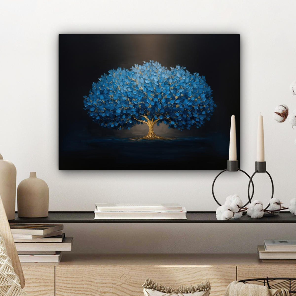 LEINWANDBILD Baum - Blau - Blätter - Pinselstriche Wandbild 40x30 cm - Blau, Textil (40/30cm) - MuchoWow