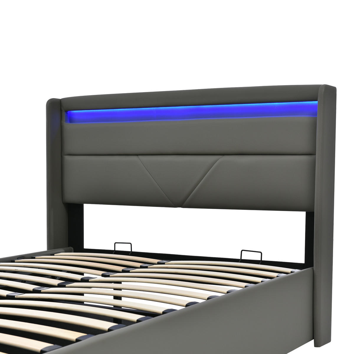 ČALÚNENÁ posteľ z PU 160x200 cm sivá s LED osvetlením, hydraulickým úložným priestorom a roštom - sivá, plast (160/200cm) - Modfu
