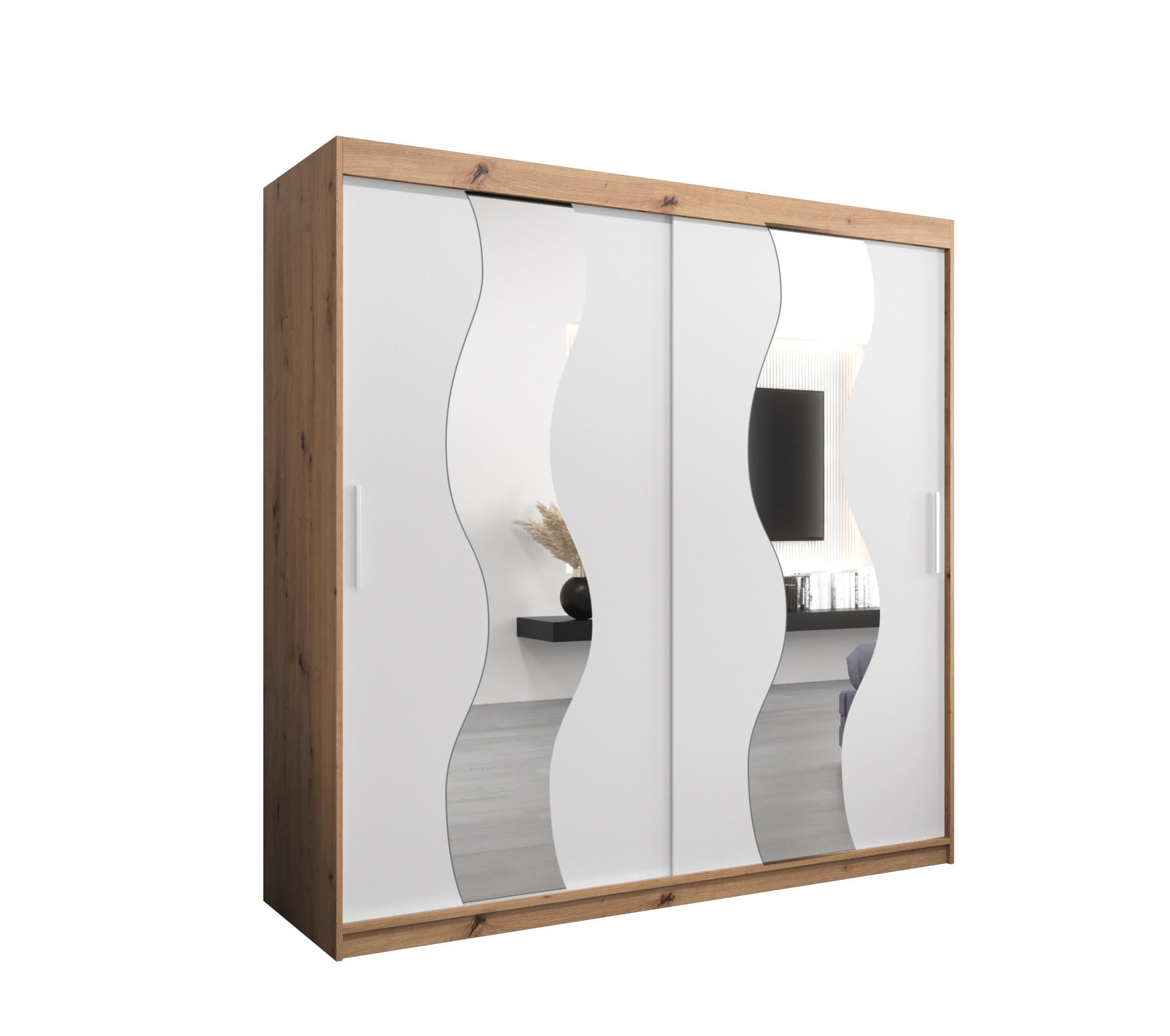 Abiks Möbel Schwebetürenschrank Eiche Artisan, Weiß 200x200x62 cm