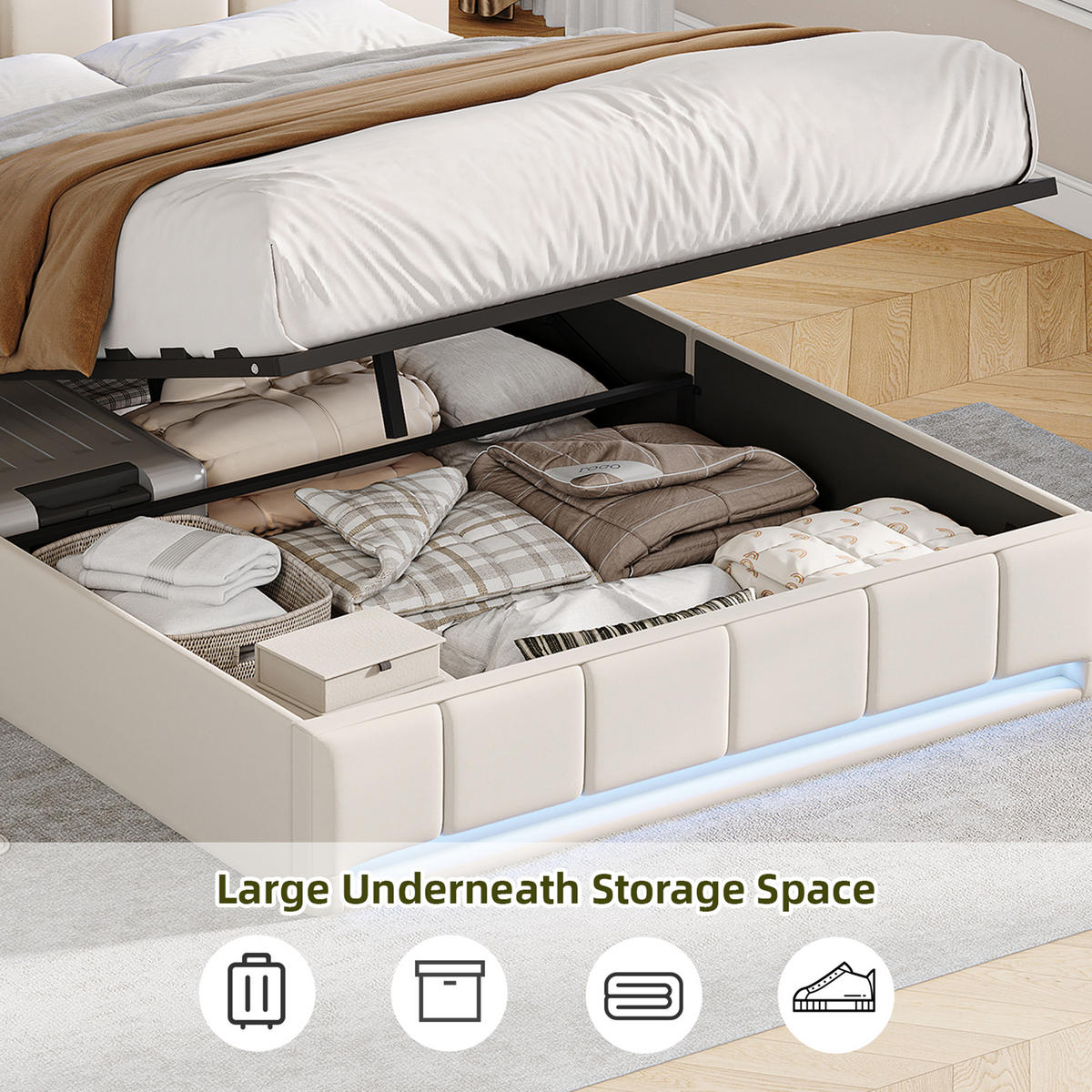 POLSTERBETT 140x200 cm Beige mit LED Beleuchtung, Kopfteil mit Stauraum und USB/Type-C, hydraulisches Stauraumbett - Beige, Metall (140/200cm) - EuroLiving