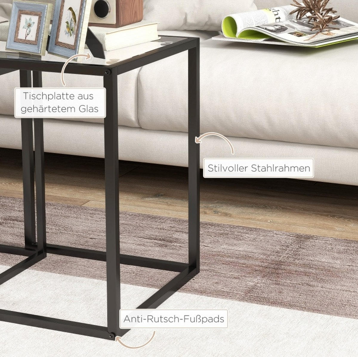 BEISTELLTISCH Set 42/42/51 cm schwarz aus Sicherheitsglas stapelbar - Schwarz, Glas (42/42/51cm) - OKWISH