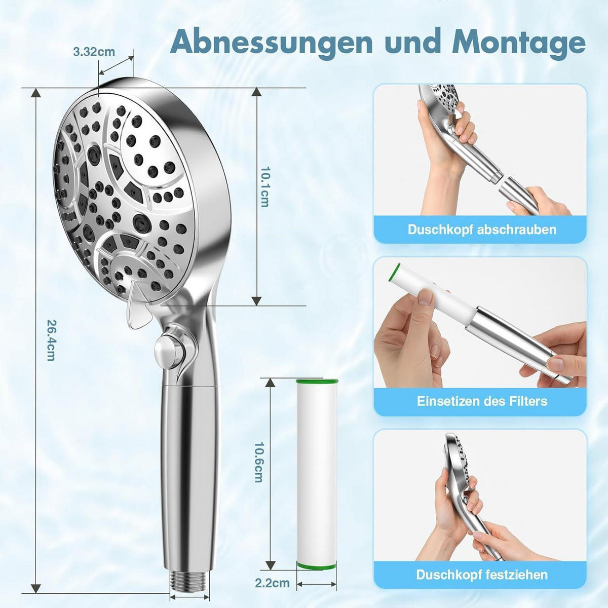 HANDBRAUSE mit Filter 120mm 8 Strahlarten 1.5m Schlauch - Silberfarben, Metall (12/12.7/28cm)