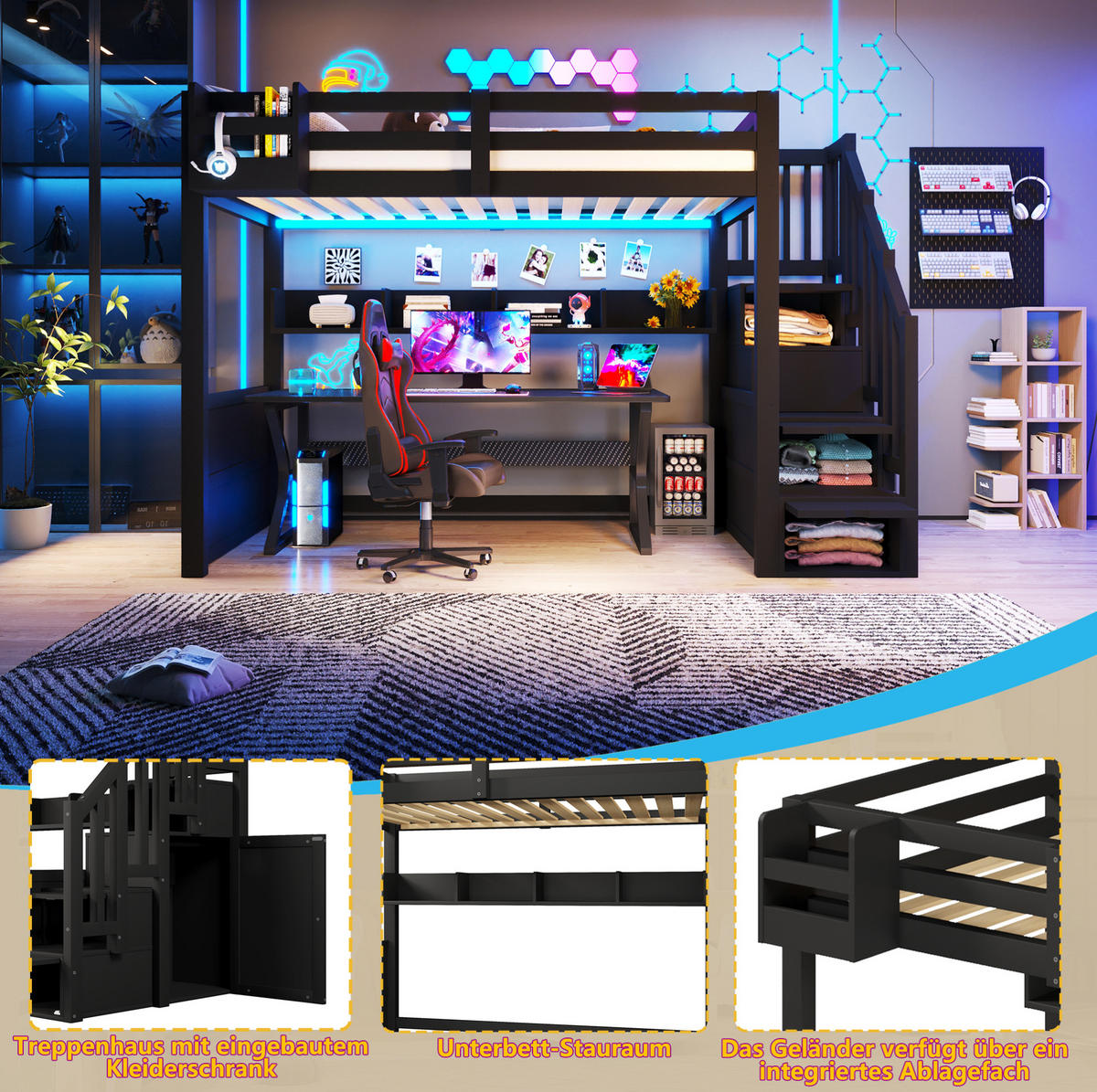 HOCHBETT aus MDF, Kiefer und Sperrholz 90x200 cm Schwarz mit LED-Beleuchtung, Stauraumtreppe und Kleiderschrank - Schwarz, Holzwerkstoff (90/200cm) - Modfu
